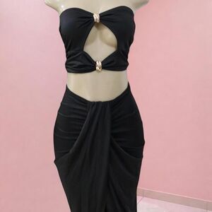 Black Cut-Out Two Piece Set | Strapless Top & Draped Maxi Skirt Size L